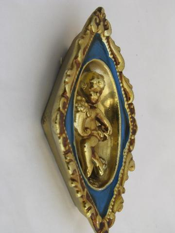 french blue & gold china cherubs wall plaques, vintage hollywood regency