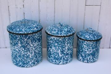 french country style farmhouse kitchen canisters, vintage blue & white enamelware