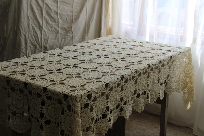 french country style vintage cotton lace tablecloth, handmade crochet lace