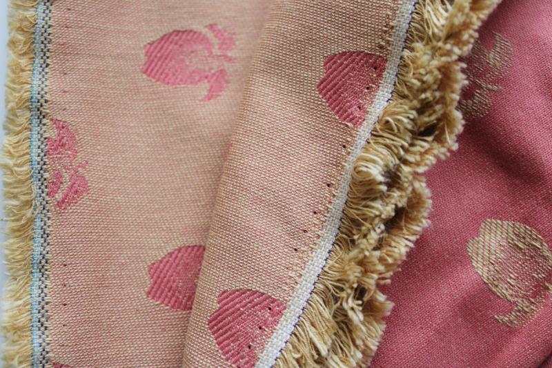 french country style vintage upholstery fabric remnant, golden apples on barn red
