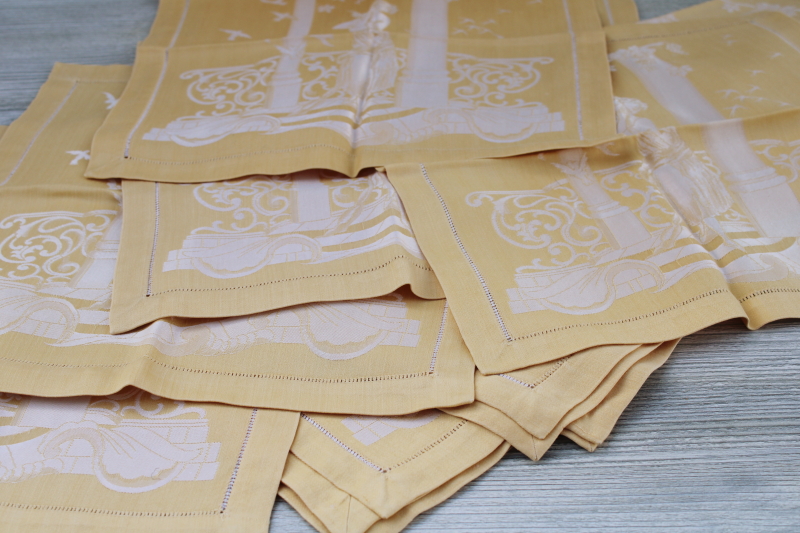 french country vintage cotton rayon damask napkins, mustard gold jacquard classical ruins garden