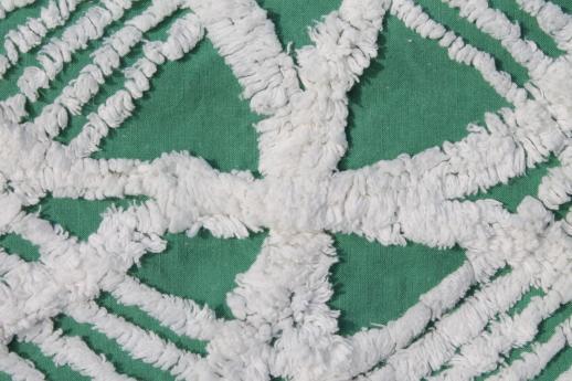 full vintage cotton chenille bedspread, white wedding ring pattern on jade green