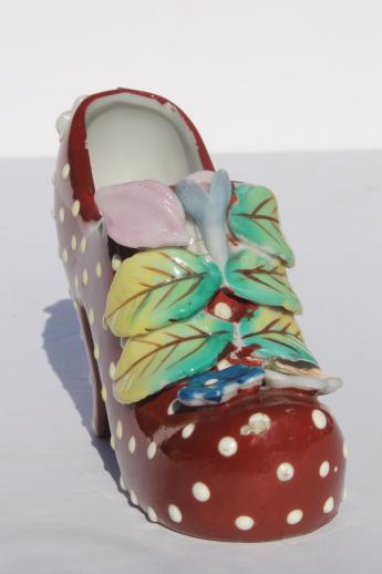 funky retro high heels shoe plant vases, vintage Japan painted polka dot pumps!
