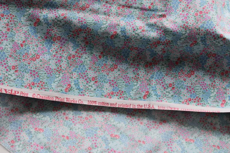 garden flowers print, pinks & blues floral fabric, vintage Cranston cotton