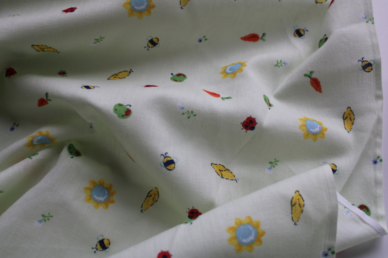 garden theme tiny insects bugs  vegetables print vintage poly cotton blend fabric