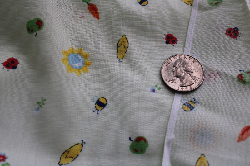 garden theme tiny insects bugs  vegetables print vintage poly cotton blend fabric