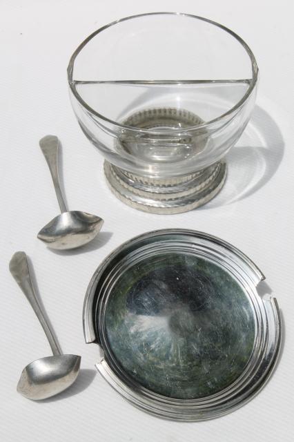 glass condiment bowl or sauce dish w/ ladles, vintage Queen Art Danish Quality pewter, Brooklyn NY