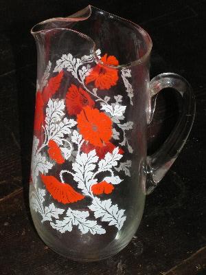 glass ice tea pitcher red poppies