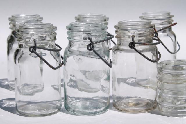 glass / wire bail lid spice or herbs jars, small clear glass canister bottles set of six