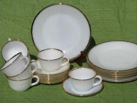 gold edge white swirl, vintage Fire-King label glass dishes, set for 8