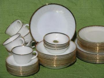gold edge white swirl, vintage Fire-King label glass dishes, set for 8