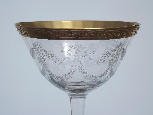 Gold Encrusted Laurel Band Etched Crystal Vintage Champagne Glasses 0102