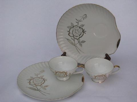 gold roses on pure white porcelain, vintage Japan china snack sets