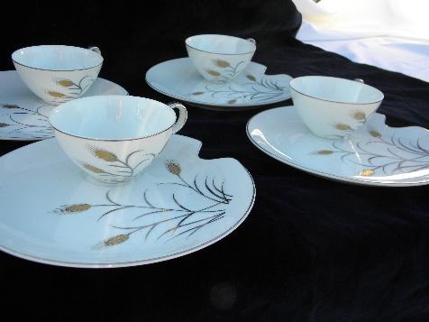gold & silver wheat, vintage Norcrest - china snack sets, set for four, cups & plates