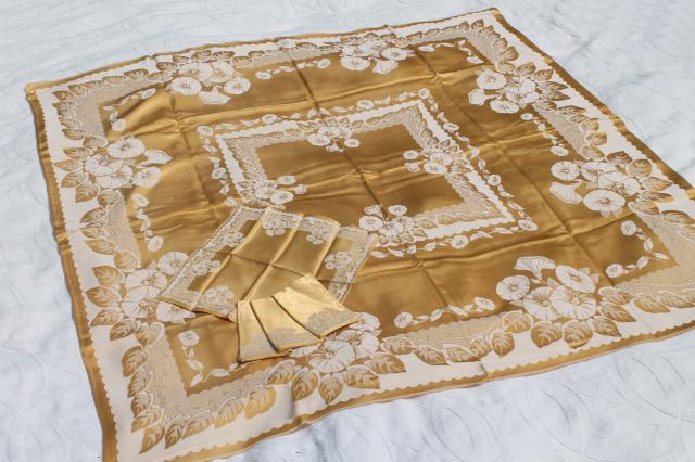 gold & white floral satin damask table linens, vintage tablecloth & napkins set