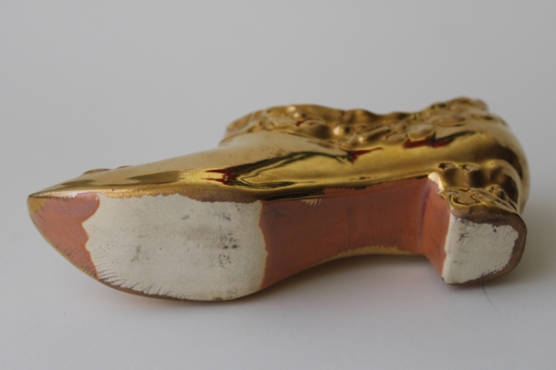 golden slipper miniature shoe, vintage pottery planter or pincushion holder