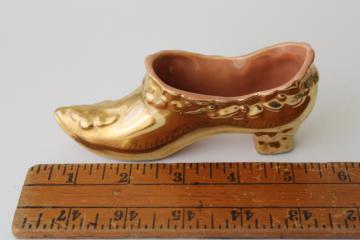 golden slipper miniature shoe, vintage pottery planter or pincushion holder