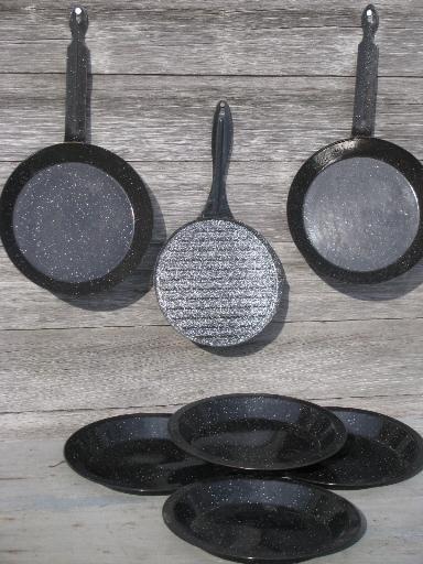 graniteware spatter enamelware, campfire cookout pans and camping plates