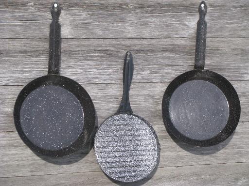 graniteware spatter enamelware, campfire cookout pans and camping plates