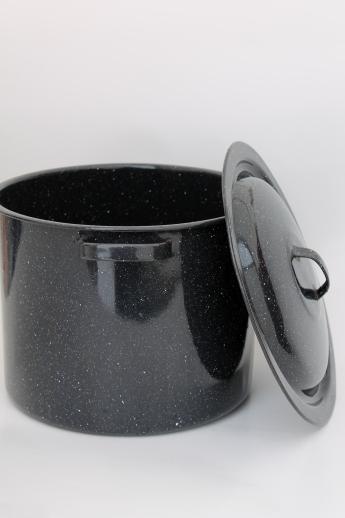 graniteware steamer basket stockpot, black & white spatterware enamelware