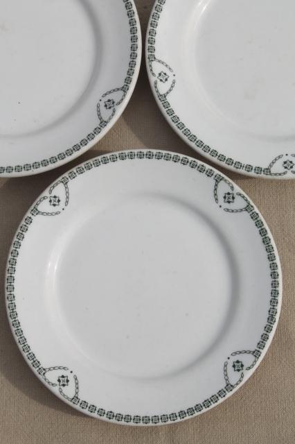green border white ironstone sandwich or pie plates, vintage railroad / restaurant china