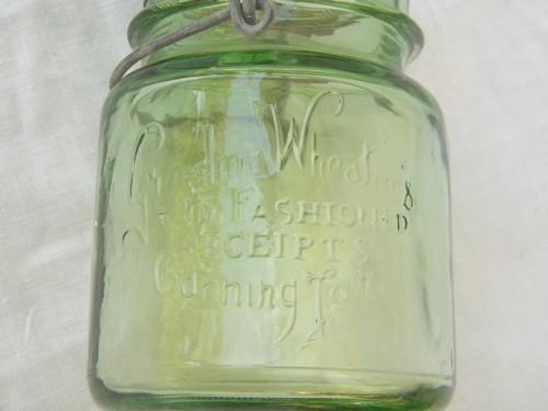 green glass Grandma Wheaton's Old Fashioned Receipts 1 pint mason jar