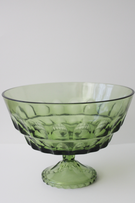 green glass centerpiece or trifle bowl, vintage Hazel Atlas Reflection thumbprint pattern