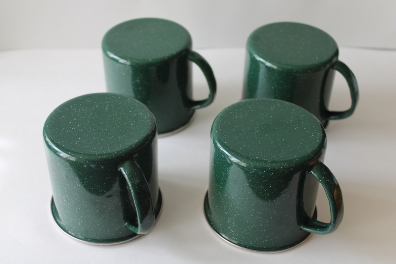 green graniteware enamel ware metal camp cups, set of four coffee mugs