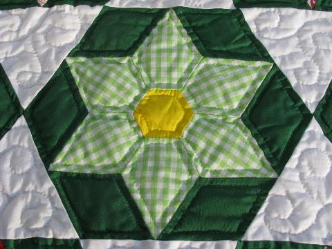 green / white star pattern patchwork quilt, hand-stitched, 1950s vintage cotton fabric