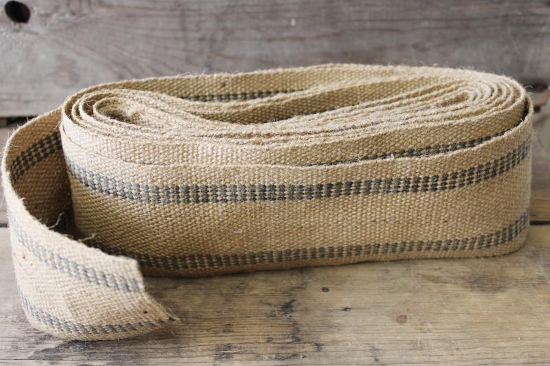 grey blue stripe jute webbing for upholstery projects, upcycle crafts farmhouse style