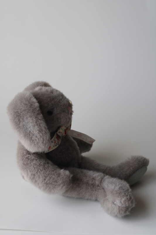 grey rabbit floppy bunny stuffed animal toy, J S Toys tag, Easter spring seasonal decor