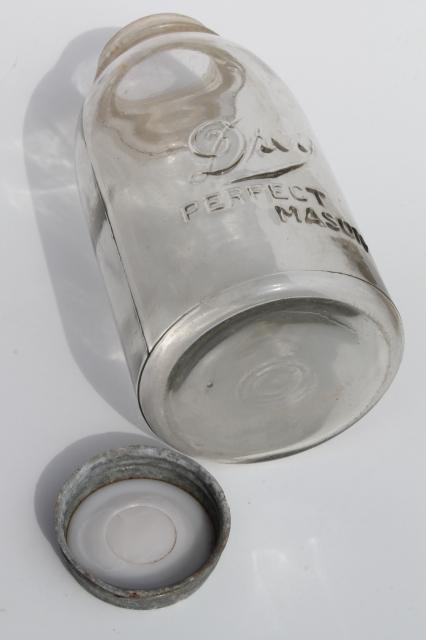 half gallon vintage Drey Mason jar, large pickle / fruit canning jar w/ metal lid