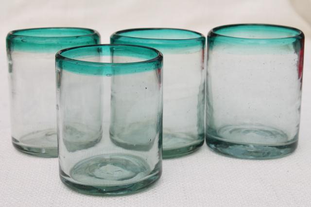 hand blown Mexican glass drinking glasses,set of 4 aqua band heavy glass tumblers
