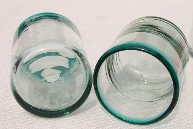hand blown Mexican glass drinking glasses,set of 4 aqua band heavy glass tumblers