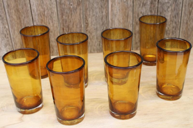 hand blown amber glass drinking glasses, big chunky tumblers rustic farmhouse style