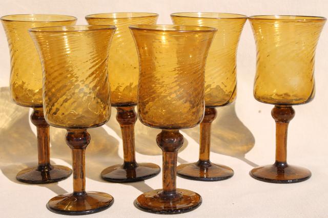 hand blown amber glass wine glasses, vintage Mexican art glass swirl spiral goblets