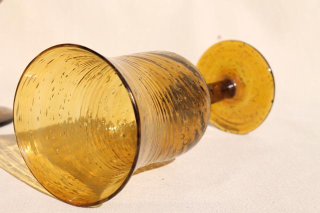 hand blown amber glass wine glasses, vintage Mexican art glass swirl spiral goblets
