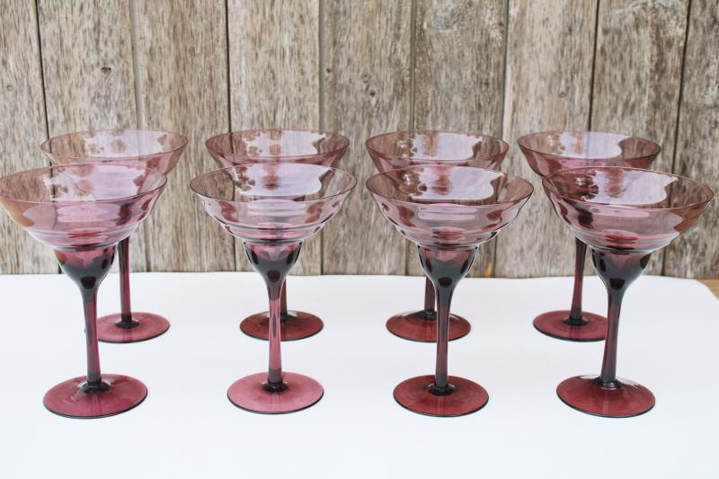 hand blown amethyst glass stemware, set of 8 vintage cocktail glasses or large champagnes