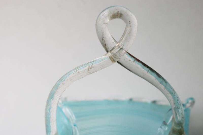 hand blown art glass basket aqua blue filigrana / clear glass, vintage Murano? Czech?