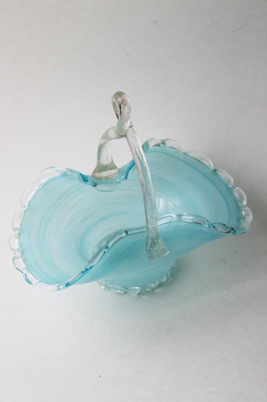 hand blown art glass basket aqua blue filigrana / clear glass, vintage Murano? Czech?