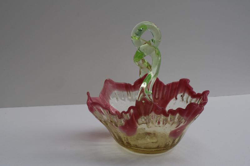 hand blown art glass basket, yellow, green, pink vintage Murano glass