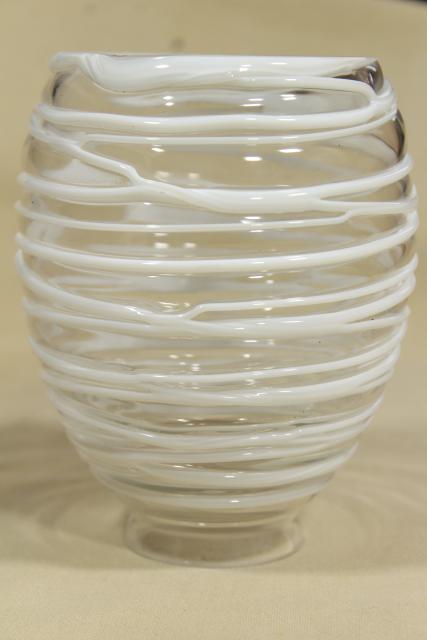 hand blown art glass lamp shade, string squiggle white on clear glass, mod vintage