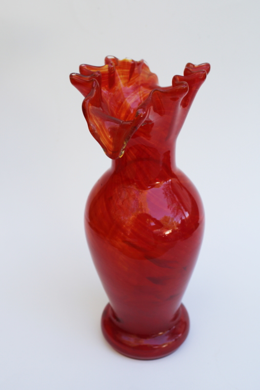 hand blown art glass vase, mod vintage slag glass flame red crimped shape
