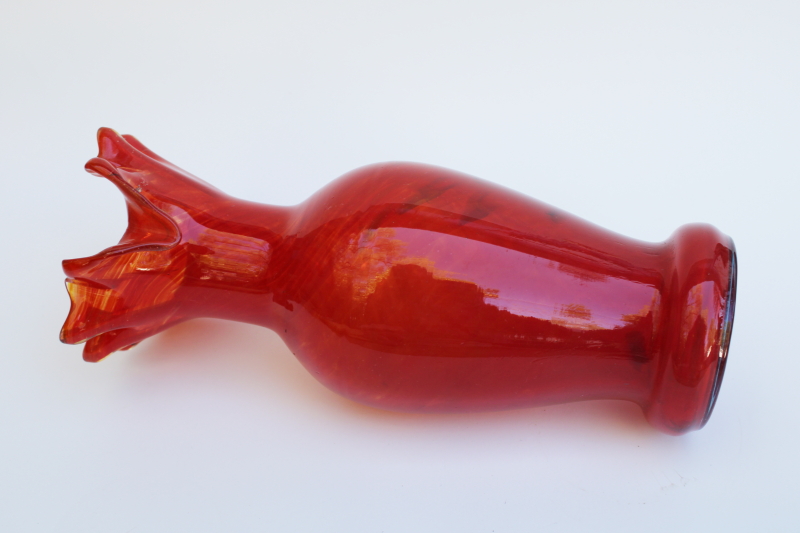 hand blown art glass vase, mod vintage slag glass flame red crimped shape