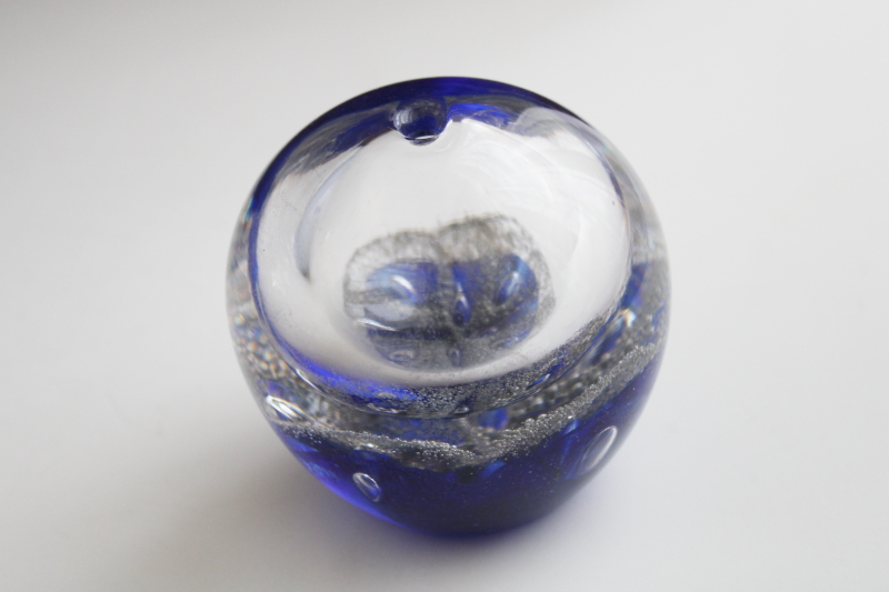 hand blown cobalt blue / clear glass paperweight oil lamp, vintage Artcristal Bohemia label