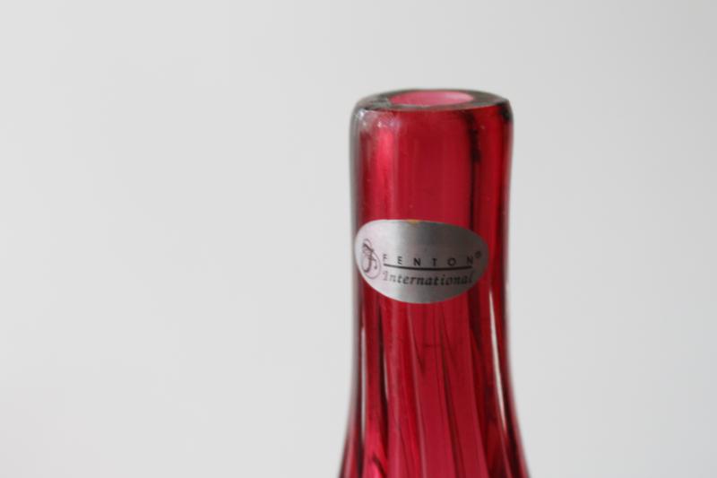 hand blown cranberry glass bud vase, Fenton International label 00s vintage