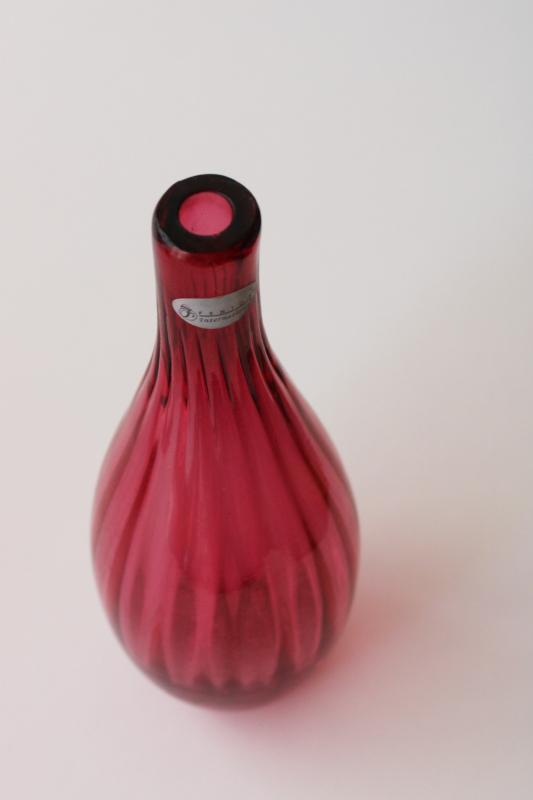 hand blown cranberry glass bud vase, Fenton International label 00s vintage