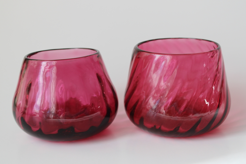 hand blown cranberry glass candle holder luminaries or chunky tumbler vases, vintage Pilgrim glass