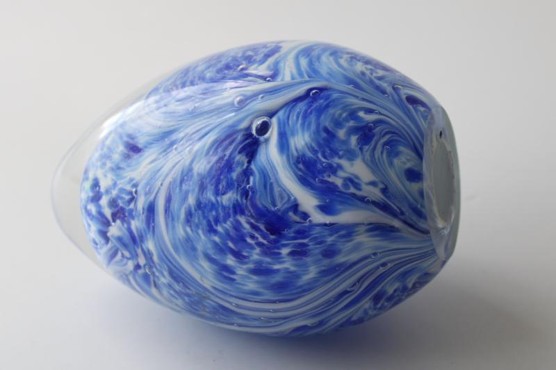 hand blown glass Easter egg, giant size egg shape paperweight, blue swirled crystal