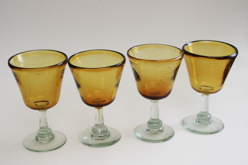 hand blown glass cocktail glasses, amber & recycled green glass bar ware